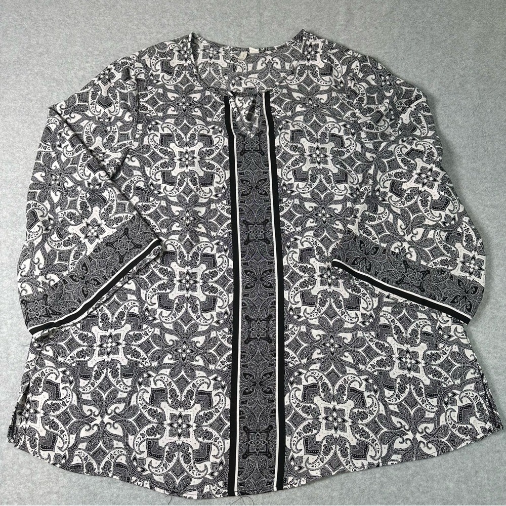 Cato Womens Black White Paisley Medallion‎ Split Neck Bell Sleeve Blouse Large